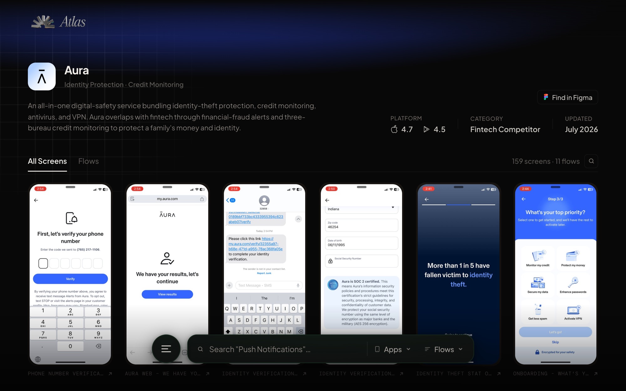 A competitor detail page in Competitor Hub, showing the app summary and metadata above a grid of captured screens.
