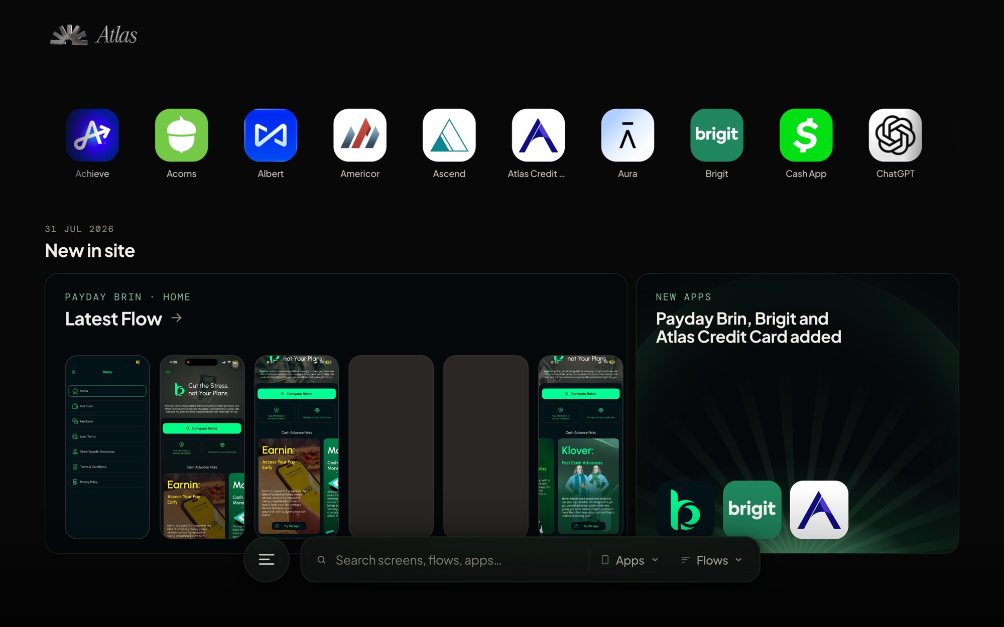 The Competitor Hub home screen: a row of tracked competitor apps across the top, a dated New in site feed below, and a persistent search bar.