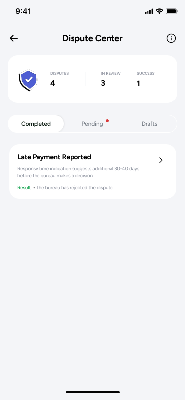 Dispute Center screen with tabbed counts for contested, pending and draft disputes, listing items such as Late Payment Reported, Account Closed Successfully, New Credit Card Opened and Address Added or Updated.