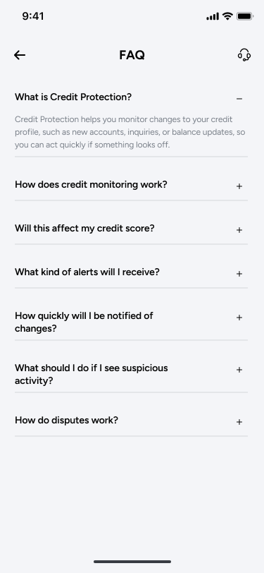 A frequently asked questions screen for credit protection, listing collapsed questions about what credit protection is, whether it affects your credit score, what alerts you receive, how quickly you are notified, and how disputes work.