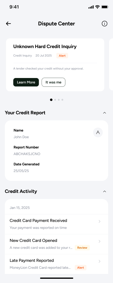 A credit report screen surfacing an unknown hard credit inquiry with Learn More and Not Me actions, followed by report metadata and a credit activity list.