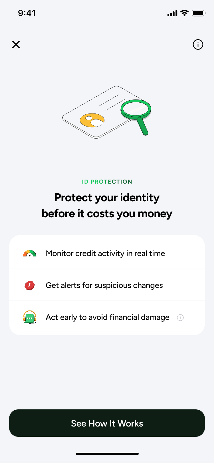 First version of the sell screen, headed ID Protection, reading Protect your identity before it costs you money, with three calm benefit rows about monitoring credit activity, getting alerts and acting early, and a button reading See How It Works.