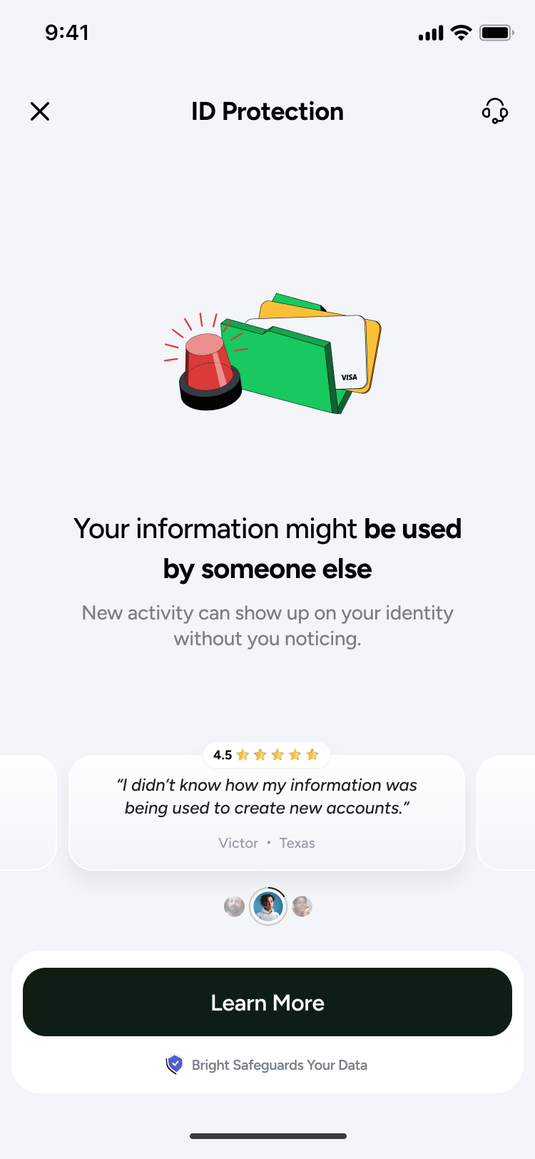 Second version of the sell screen, headed ID Protection, reading Your information might be used by someone else, with an alarm illustration and a five star customer testimonial about not knowing their information was being used to open accounts.