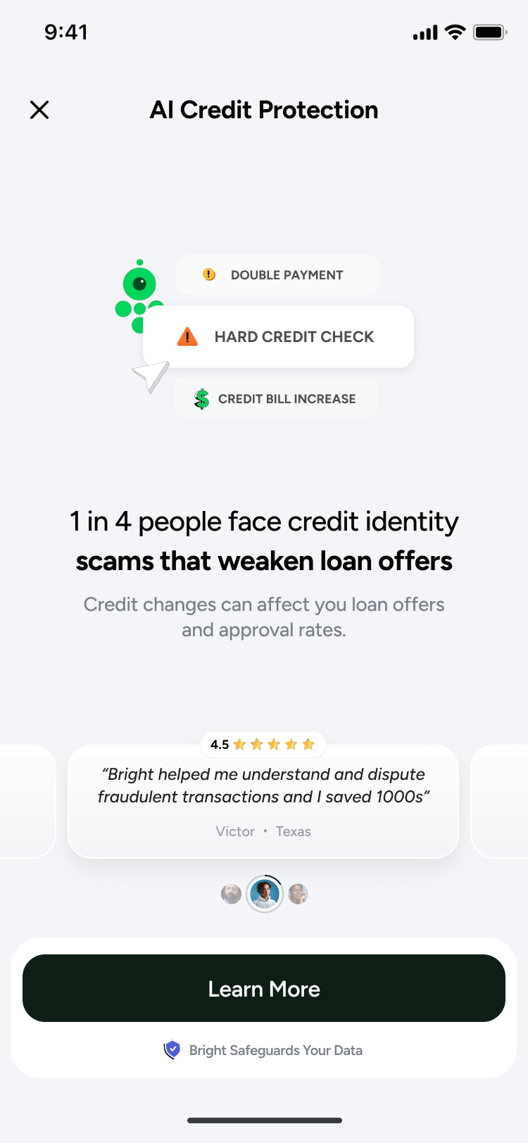 Third version of the sell screen, renamed AI Credit Protection, reading one in four people face credit identity scams that weaken loan offers, with warning chips for double payment, hard credit check and credit bill increase, and a testimonial about disputing fraudulent transactions.