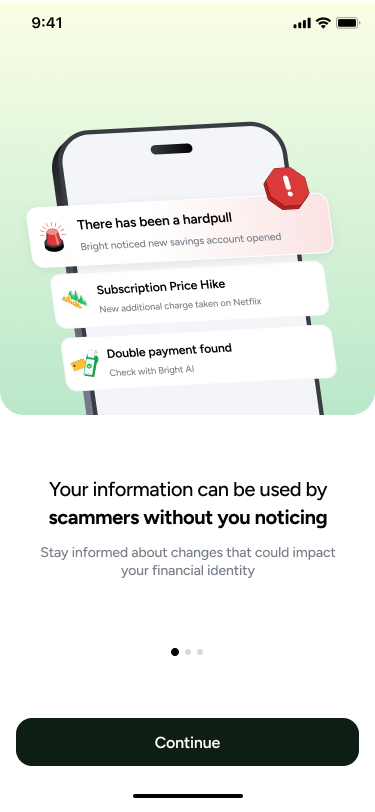 Onboarding step one, reading Your information can be used by scammers without you noticing, with an illustration of alert cards stacked on a phone.