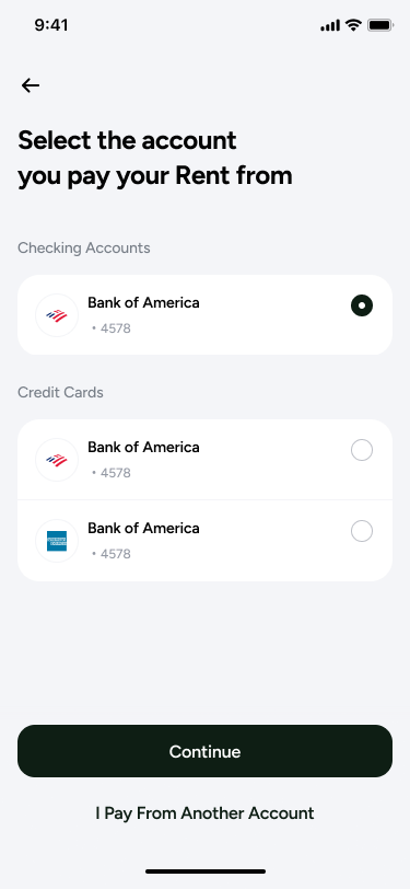 Screen asking the user to select the account they pay rent from, listing checking accounts and credit cards.