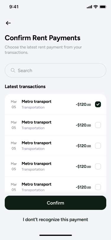 Confirm Rent Payments screen listing recent transactions with selection controls and an I dont recognise this payment link.