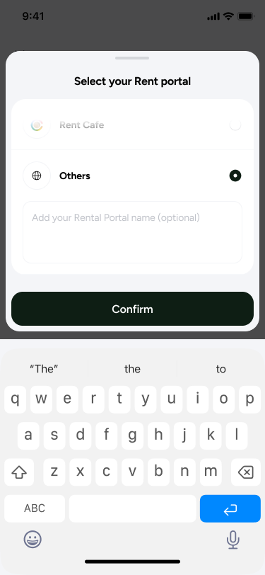 Select your Rent portal sheet, offering Rent Cafe or Others with an optional free text field for the portal name.