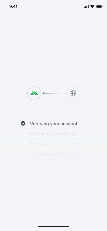 A staged loading screen showing verifying your account, fetching transactions, finding your rent payment, wrapping everything up.
